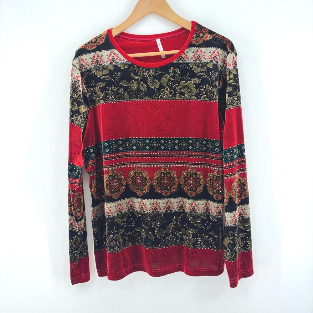 White Stag Y2K Womens XL Red Floral Paisley Velvet Velour Top Whimsigoth Boho
